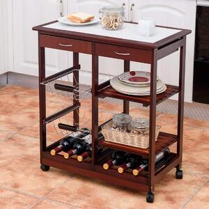 Costway Carrello da cucina con 2 cassetti portabottiglie e cestini frutta in metallo, Carrello in legno 67x37x76cm Marrone