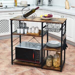 Costway Scaffale 3 livelli per microonde con cesto a rete, Organizer cucina multiuso con piedini regolabili Naturale