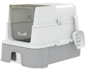 PawHut 3 in 1 Lettiera Gatto Chiusa 68L con Coperchio, Vassoio Estraibile in Acciaio Inox, Paletta, Grigio | Aosom Italy