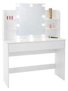 ECD Germany Tavolo da toilette bianco con illuminazione a LED, specchio, cassetto, scomparti, 108x40x140 cm, tavolo cosmetico in legno MDF