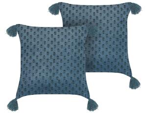 Set di 2 cuscini in velluto con motivo floreale 45x45 cm blu scuro soggiorno camera da letto stile boho Beliani