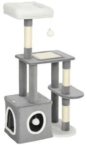 PawHut Albero Tiragraffi per Gatti con Casetta, Lettino e 2 Palline, in Legno e Peluche, 55x40x107 cm, Grigio e Bianco | Aosom Italy