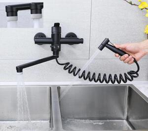 Moderno rubinetto da cucina nero con doccetta e rotazione a 360 gradi