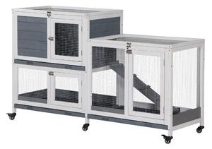 PawHut Recinto interno per conigli in legno con ruote 2 piani rampe - dim. 147L x 45,5l x 88,5H cm - grigio e bianco