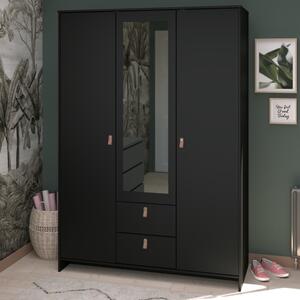 Armadio guardaroba moderno 3 ante battente 2 cassetti L137xH196 cm nero specchio Dokk