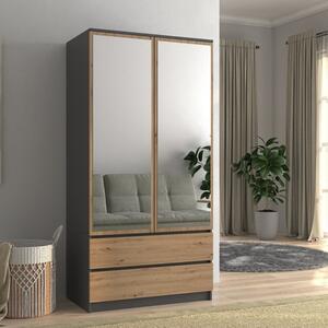 Armadio guardaroba 2 ante 2 cassetti specchio 90xH180 cm quercia antracite Lily