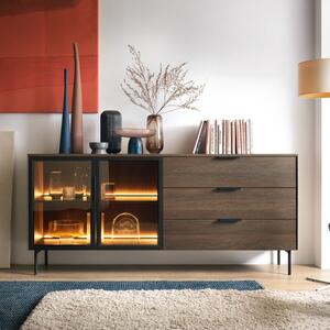 Credenza madia moderna vetrina 2 ante 3 cassetti 191xH61 rovere scuro nero Vichy