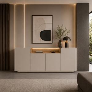 Credenza madia vetrinetta soggiorno 4 ante led 203xH83 beige rovere Allison