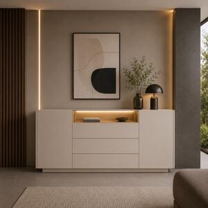 Credenza madia vetrinetta soggiorno 2 ante 3 cassetti led 176xH83 beige rovere Allison