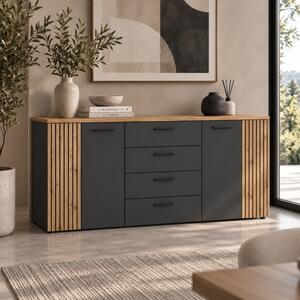 Credenza madia moderna soggiorno 150xH85 cm 4 ante 4 cassetti antracite rovere Gulfo
