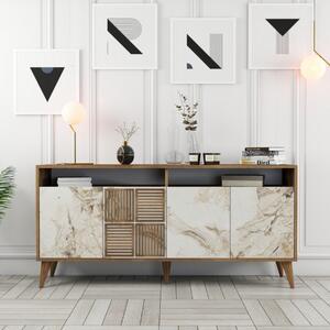 Credenza madia moderna soggiorno design 4 ante 160xH78 cm noce bianco marmo Solvik