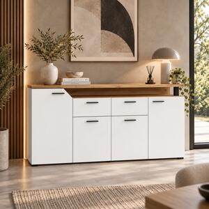 Credenza madia moderna soggiorno 180xH90 cm 4 ante 2 cassetti bianco rovere Lera
