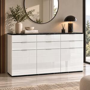 Credenza madia moderna soggiorno marmo150xH83 cm 4 ante 6 cassetti bianco lucido nero Norwey