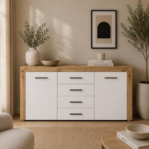 Credenza soggiorno moderna madia 2 ante 4 cassetti 155xH88 bianco lucido rovere Vega