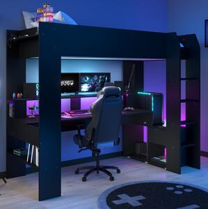 Letto a soppalco cameretta gaming scrivania LED USB 90x200 nero Play