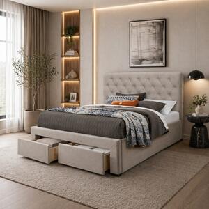 Letto matrimoniale moderno contenitore 160x200 cassettoni tessuto beige Nara