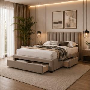 Letto matrimoniale moderno contenitore 160x200 cassettoni tessuto beige Tiva
