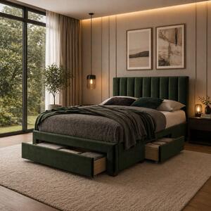 Letto matrimoniale moderno contenitore 160x200 cassettoni tessuto verde Tiva