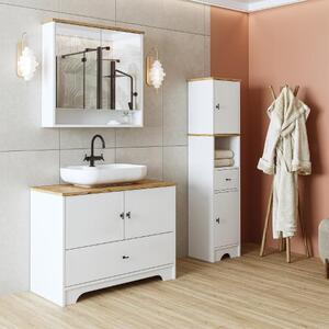 Mobile bagno completo a terra lavabo incluso tondo specchio colonna 100 cm bianco rovere Marea