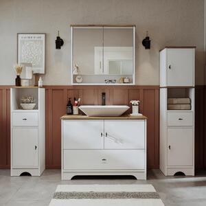 Mobile bagno completo a terra lavabo incluso tondo specchio doppia colonna 100 cm bianco rovere Marea