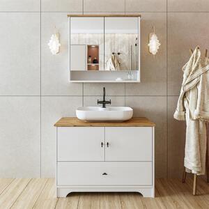 Mobile bagno a terra lavabo incluso tondo specchio 100 cm bianco rovere Marea