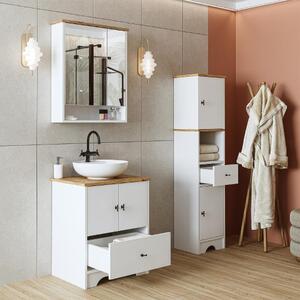 Mobile bagno completo a terra lavabo incluso tondo specchio colonna 60 cm bianco rovere Marea