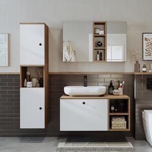 Mobile bagno sospeso lavabo incluso appoggio tondo specchio colonna 95 cm rovere bianco Ocean