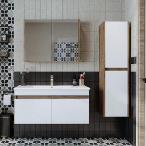 Mobile bagno sospeso lavabo incluso specchio contenitore colonna 100 cm rovere bianco Nerea