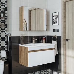 Mobile bagno sospeso lavabo incluso specchio contenitore 85 cm rovere bianco Nerea