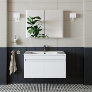 Mobile bagno sospeso lavabo incluso specchio contenitore 85 cm bianco Nerea