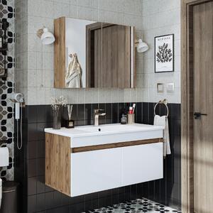 Mobile bagno sospeso lavabo incluso specchio contenitore 100 cm rovere bianco Nerea