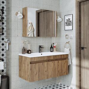 Mobile bagno sospeso lavabo incluso specchio contenitore 100 cm rovere Nerea