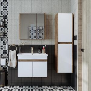 Mobile bagno sospeso lavabo incluso specchio contenitore colonna 65 cm rovere bianco Nerea
