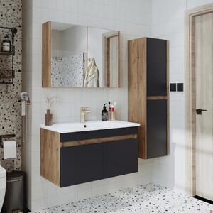 Mobile bagno sospeso lavabo incluso specchio contenitore colonna 85 cm rovere antracite Nerea