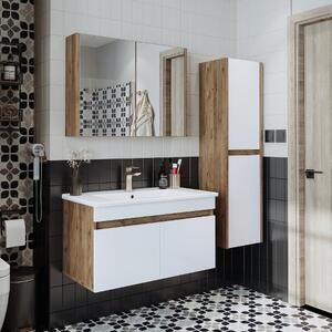 Mobile bagno sospeso lavabo incluso specchio contenitore colonna 85 cm rovere bianco Nerea