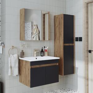 Mobile bagno sospeso lavabo incluso specchio contenitore colonna 65 cm rovere antracite Nerea