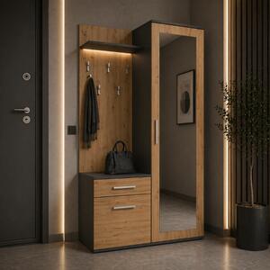 Mobile ingresso moderno 100 cm specchio appendiabiti antracite quercia Reno
