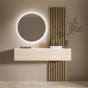 Mobile ingresso moderno sospeso specchio rotondo led 138xH200 rovere travertino Lumi