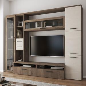 Parete attrezzata moderna soggiorno 270xH213 vetrina noce bianco spatolato Flaminia