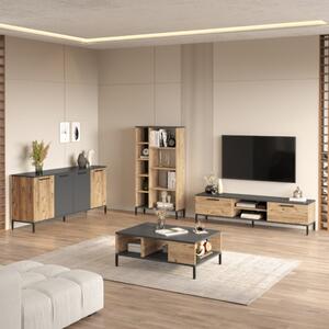 Set mobili soggiorno moderno completo sala industrial rovere antracite Caius