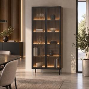 Vetrina alta moderna soggiorno 2 ante led 92xH195 rovere scuro nero Vichy