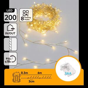Aigostar - Catena luminosa natalizia a LED per esterni 200xLED/8 funzioni 3xAA 6,3m IP44 bianco caldo