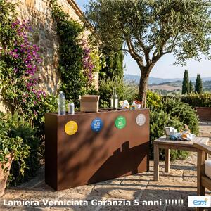 Pattumiera, Mobiletto per raccolta differenziata in acciaio | 4 scomparti da 240Lt Dimensioni 30x120xh 80 cm 4 scomparti da 240 litri totali 4 Etichette colore Corten