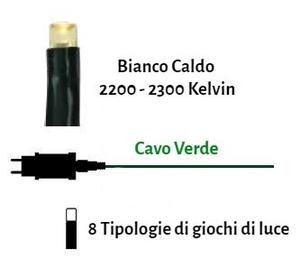 Catenaria Natalizia LED 12m 8 GIOCHI DI LUCE Cavo VERDE IP44 Colore Bianco Caldo 2200 - 2300 °K
