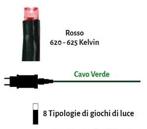 Catenaria Natalizia LED 8m 8 GIOCHI DI LUCE Cavo VERDE IP44 Luce ROSSO Colore Rosso 620 - 625 °K