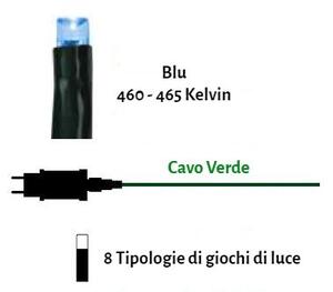 Catenaria Natalizia LED 8 GIOCHI DI LUCE 15m Cavo VERDE IP44 Luce BLU Colore Blu 460 - 465 °K