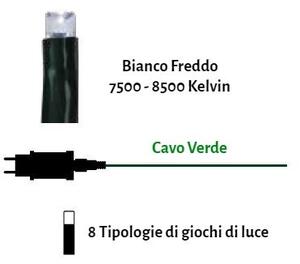 Catenaria Natalizia LED 12m IP44 8 GIOCHI DI LUCE Cavo VERDE Colore Bianco Freddo 7500 - 8500 °K