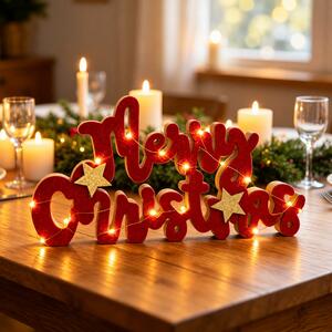 Scritta luminosa decorativa Merry Christmas 20 Microled Bianco Caldo in legno di colore rosso e dorato a batteria Wisdom