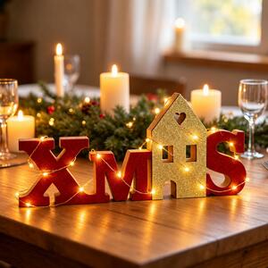 Scritta luminosa decorativa Xmas 20 Microled Bianco Caldo in legno di colore rosso e dorato a batteria Wisdom