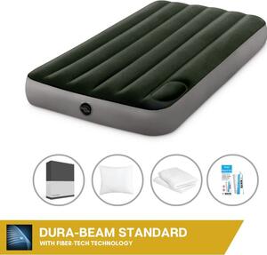 Letto ad aria Intex - 1 persona - 99 x 191 x 25 cm - Verde - Con pompa a pedale incorporata + lenzuolo nero + cuscino + federe Molton 2 in 1 + set di riparazione